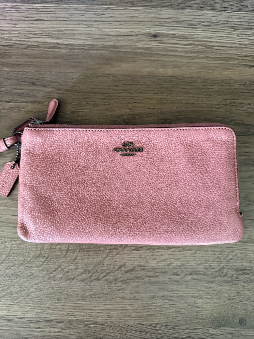 Coach Mauve Pebble Leather Double Zip Wristlet Wallet